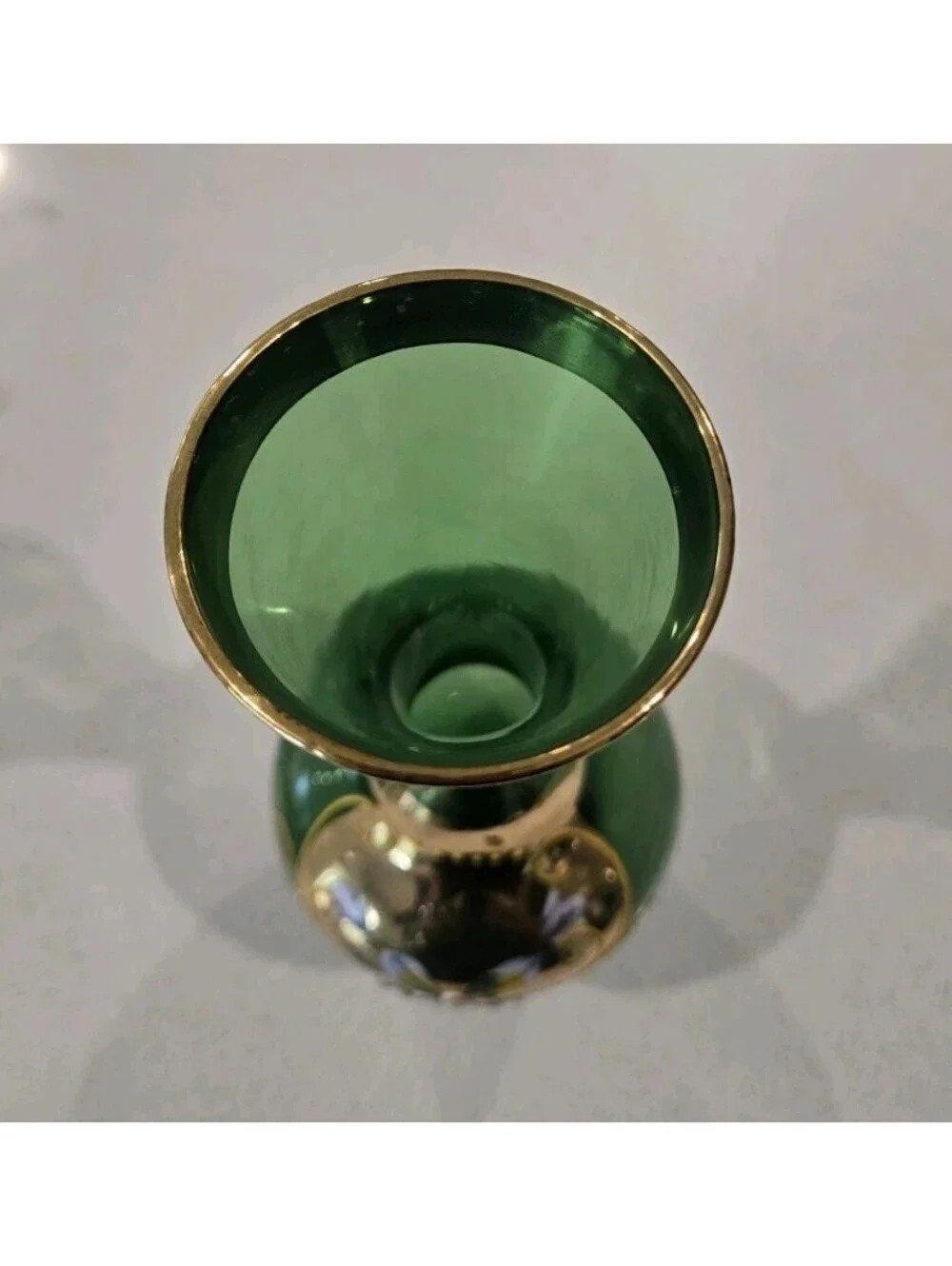 VTG MCM Venetian Glass Vase Green Gold Gilt Hand Painted Flowers Bud Vase